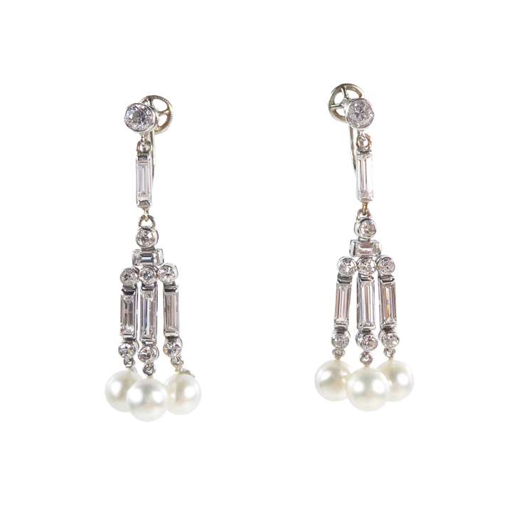 Pair of Art Deco pearl and diamond triple line pendant earrings